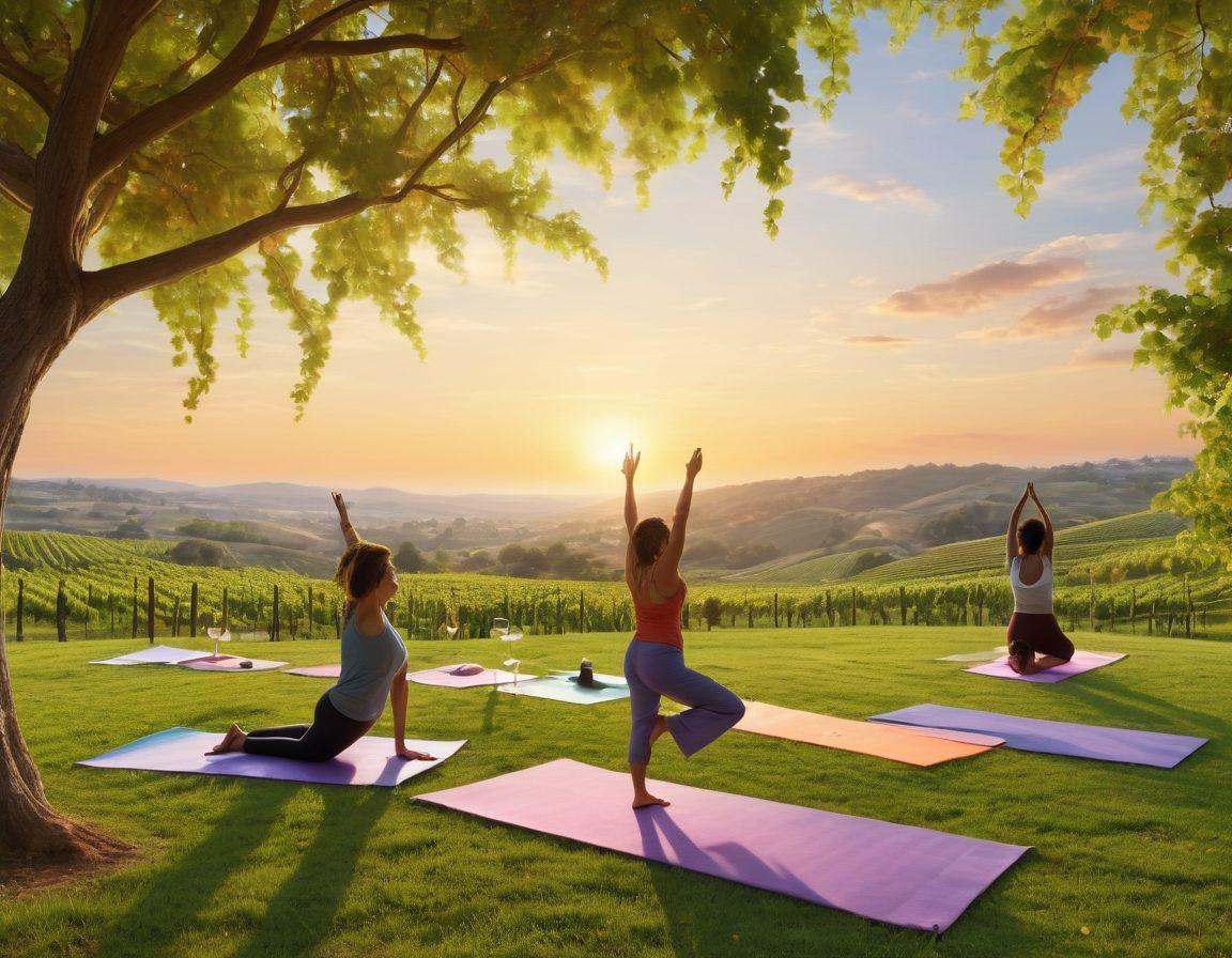A serene landscape featuring a vineyard at sunset, with a group of diverse people practicing yoga on a grassy hill, glasses of wine placed nearby. The atmosphere is tranquil, with soft light filtering through grapevines, and hints of joy and relaxation on the participants' faces. Include colorful yoga mats and wine bottles. vibrant colors. super-realistic.