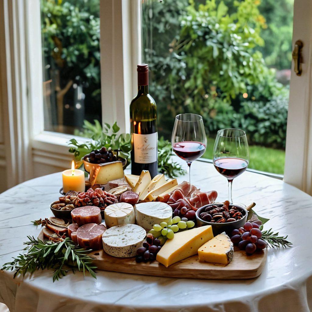 An elegant table setting featuring a beautifully arranged cheese and charcuterie board paired with various wines, surrounded by soft candlelight and lush green plants in the background. Include a serene sunset view through a large window, evoking a sense of calm and mindfulness. Warm tones and textures should create a cozy atmosphere that invites relaxation and enjoyment. painting. vibrant colors. soft focus.