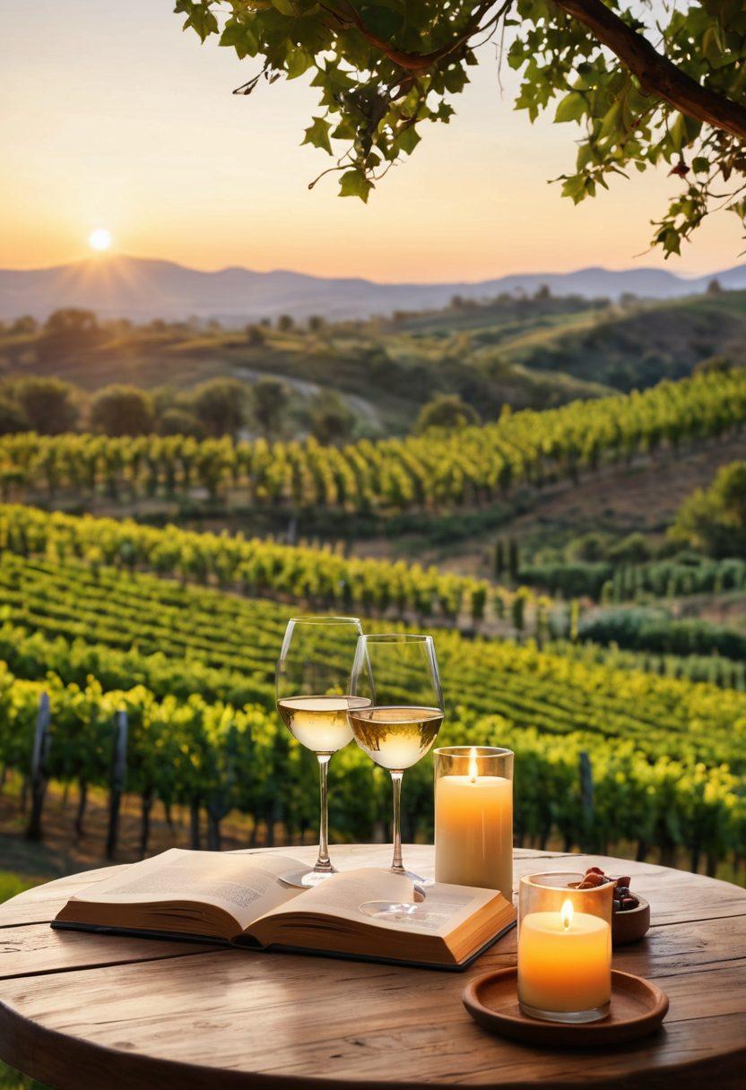 A serene vineyard at sunset, with a wooden table set for a wine tasting, featuring an elegant selection of red and white wines, surrounded by lush green vines and gentle hills. Soft, glowing candles illuminate the scene, enhancing the tranquil atmosphere. A mindfulness journal and a glass of infused water sit beside the wine, promoting relaxation and reflection. super-realistic. vibrant colors. warm lighting.